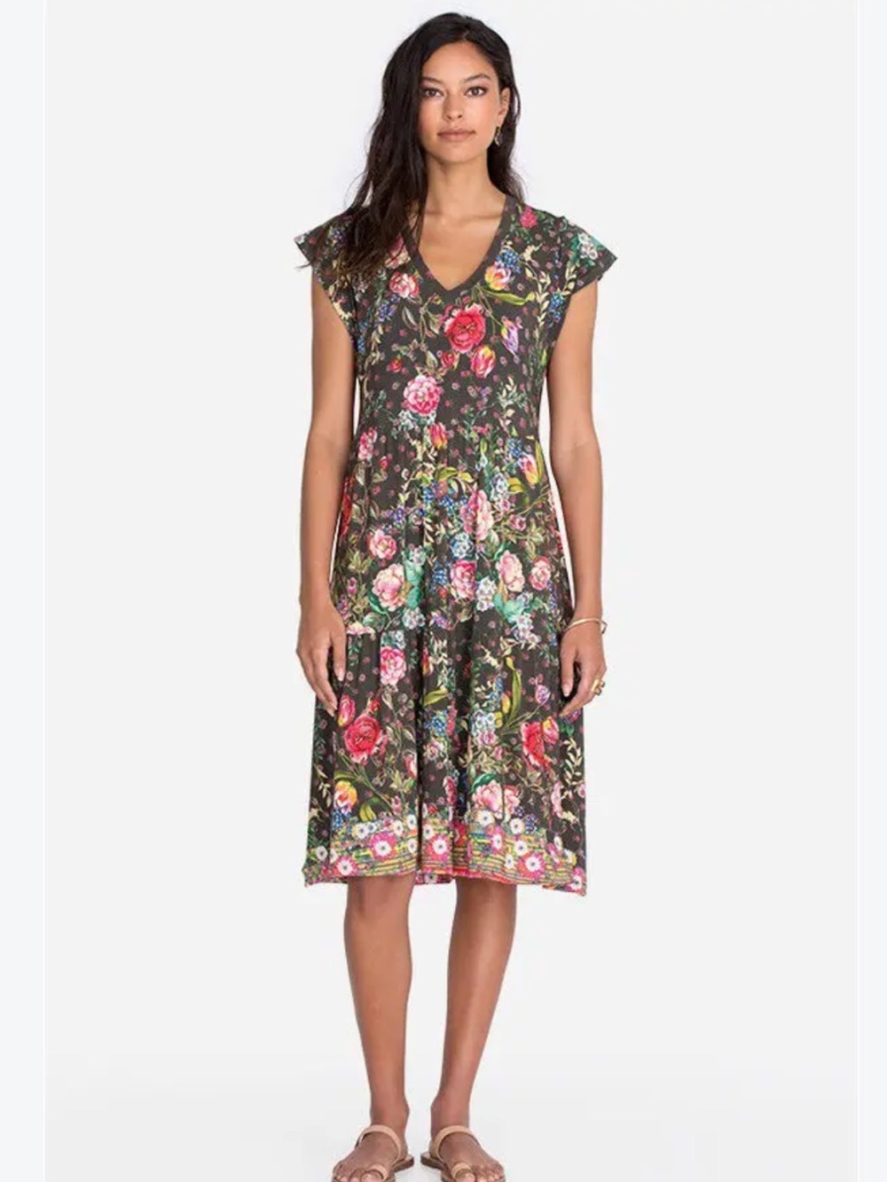Johnny Was Floral Bamboo Midi Dress Naomi V-Neck Olive Multicolour L Preppy